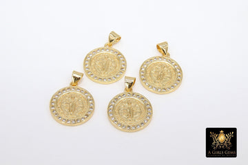 St. Benito Charms, CZ Pave Cross St. Benedict Charm AG 2733, Gold Plated Round Medallion Medals